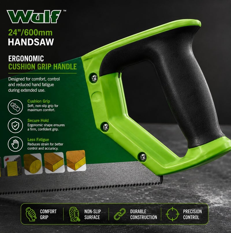 Wulf 24-Inch Hand Saw 600mm High Carbon Steel Wood Cutting Saw with Heavy Duty Plastic Handle for Woodworking Carpentry Timber Logs Board Fast Cutting Workshop DIY Hand Tool - Image 3