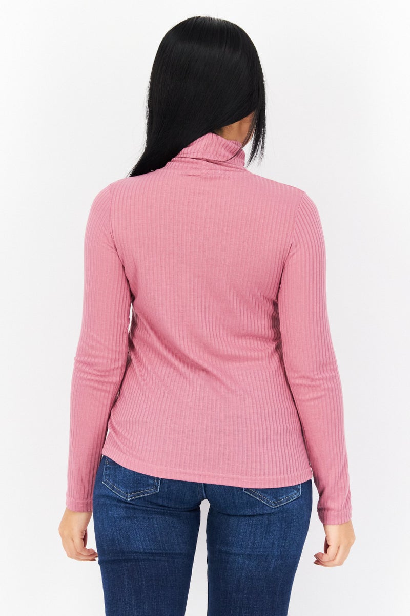 Pepe Jeans Women Turtle Neck Long Sleeve Ribbed Top, Berry - Image 3