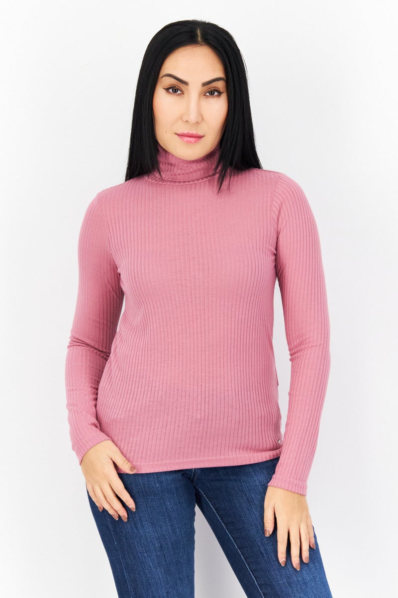 Pepe Jeans Women Turtle Neck Long Sleeve Ribbed Top, Berry - Image 1