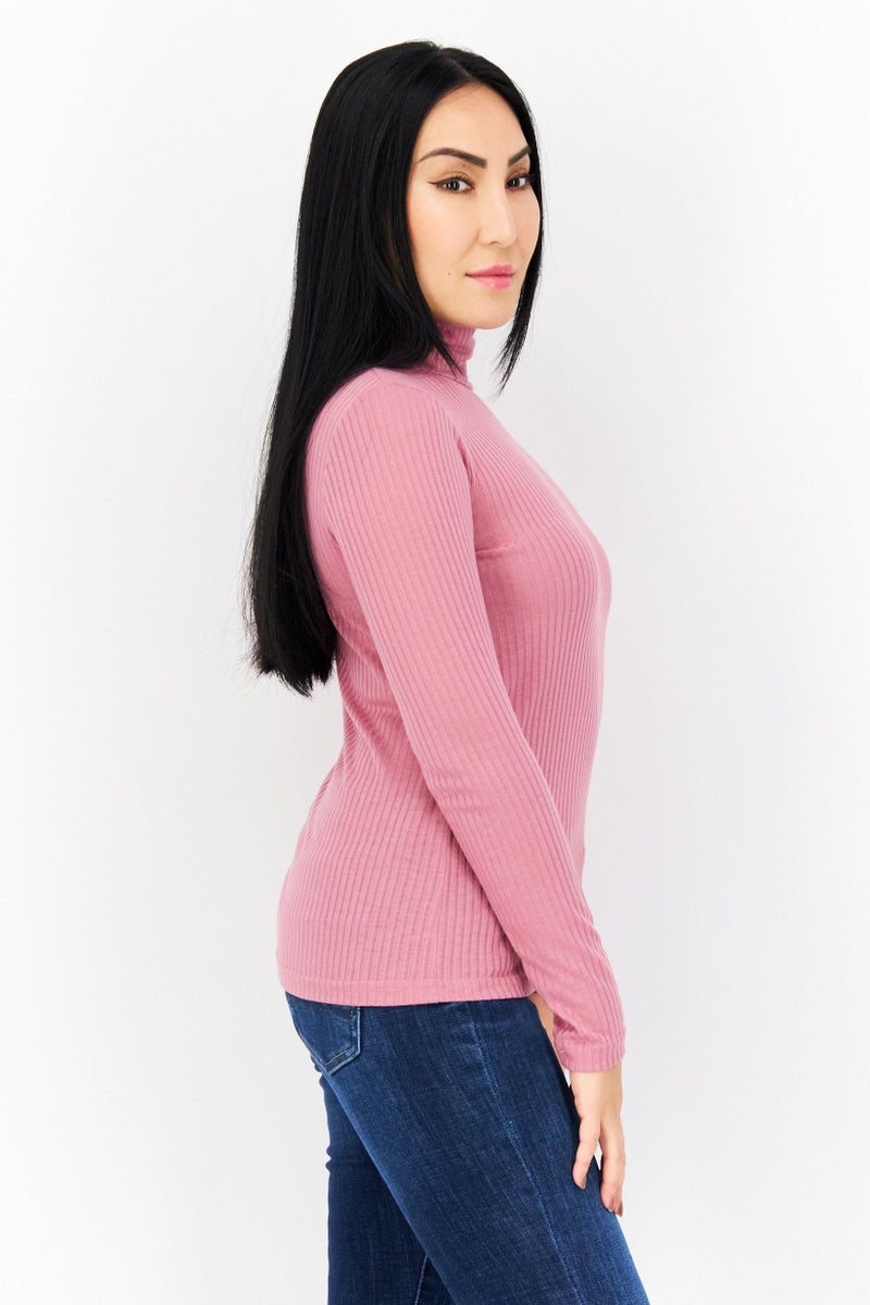 Pepe Jeans Women Turtle Neck Long Sleeve Ribbed Top, Berry - Image 4