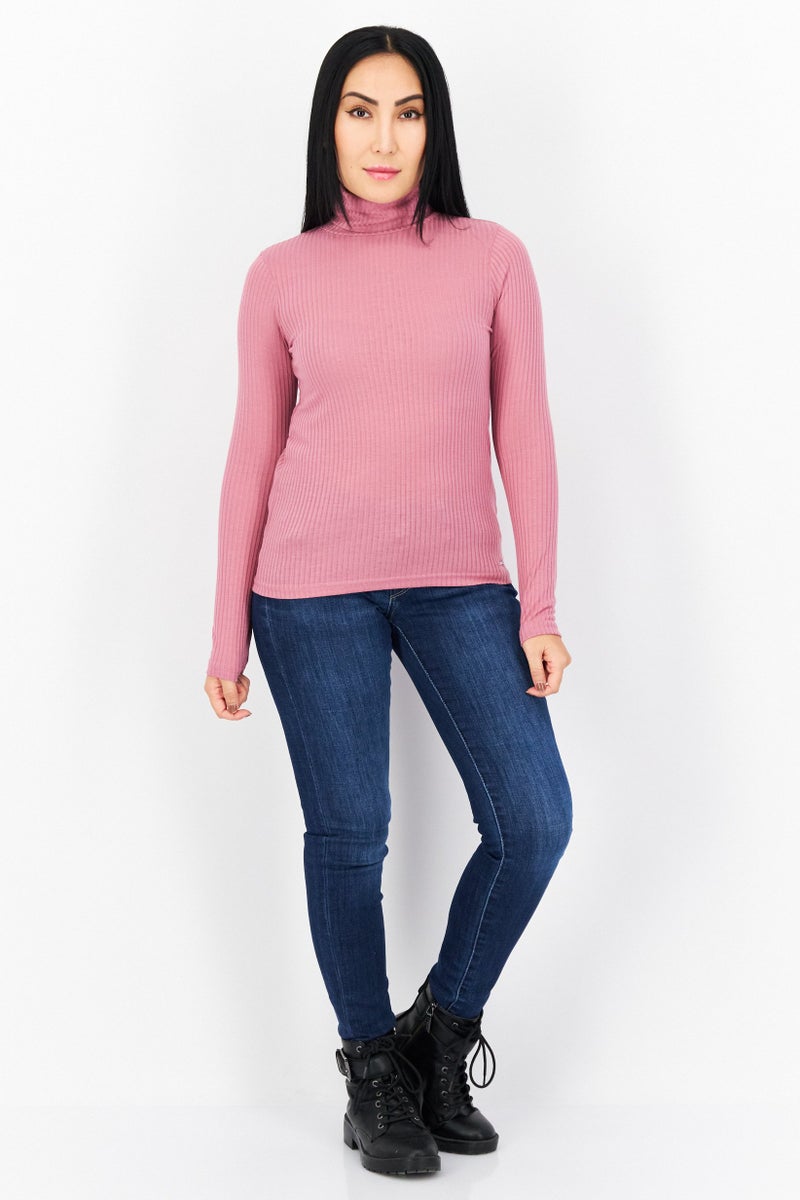 Pepe Jeans Women Turtle Neck Long Sleeve Ribbed Top, Berry - Image 2