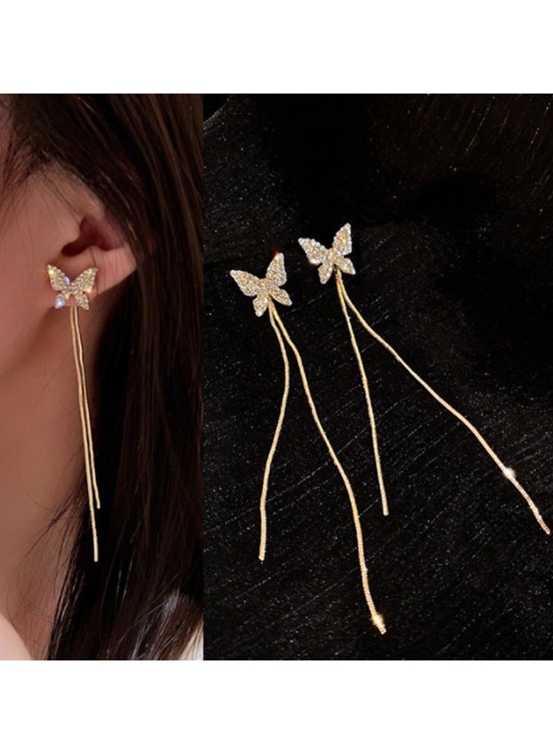 Women Tassel Butterfly Earrings With Diamond Long Earrings Bridal Jewelry for Women Ear Accessories（Gold） - Image 1