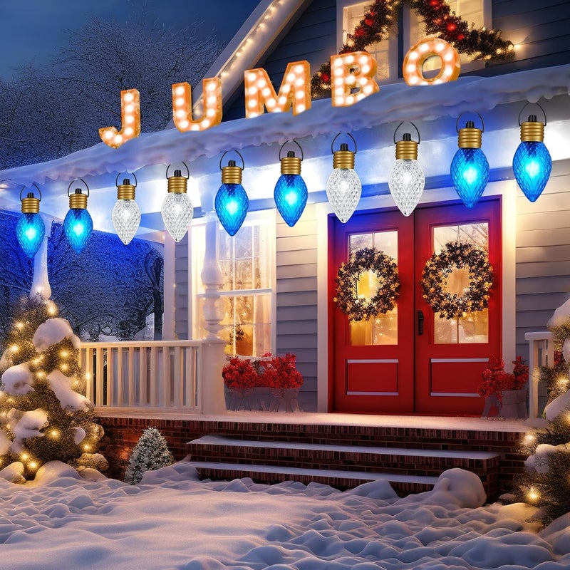 Brightown 2 Pack Outdoor Christmas Decorations  Jumbo Xmas String Lights or Pathway Marker Lights  Large Bulbs Hanging Lights Waterproof Lawn Decoration for Holiday Home Tree Roof Blue and Cool White  - Image 1