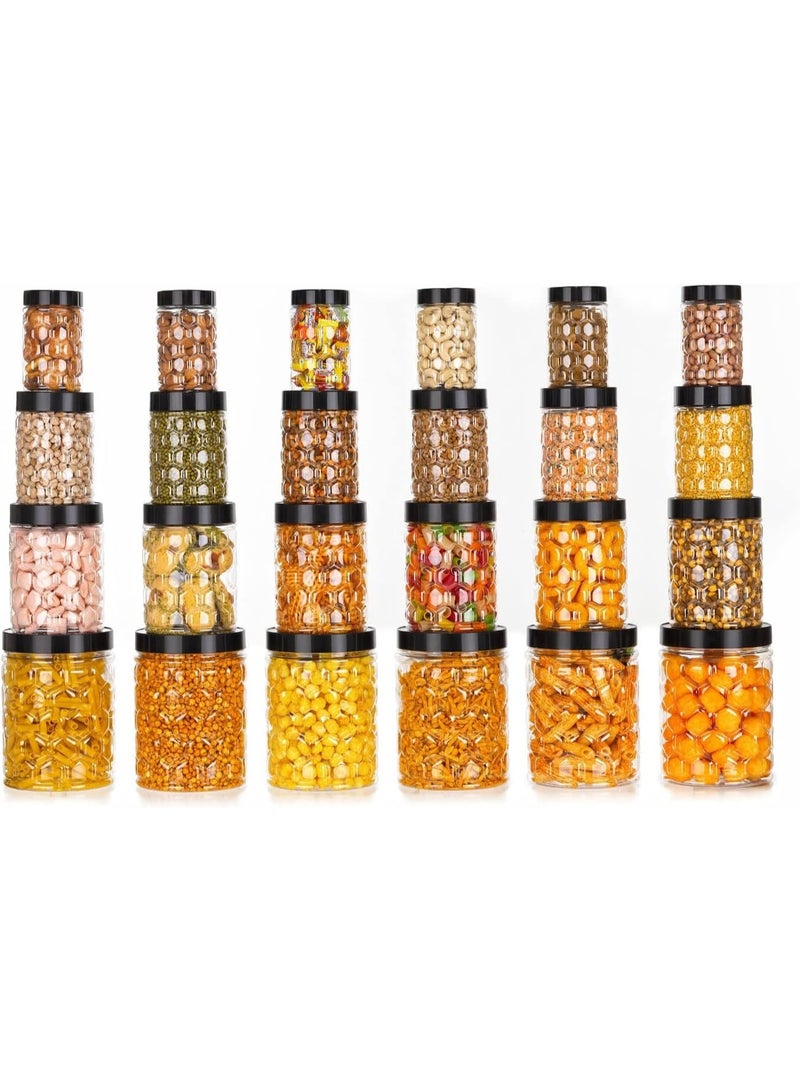 Clazkit Plastic Pet Storage Jar and Container, Set of 24 (6pcs x 250ml Each, 6 pcs x 350ml Each, 6 pcs x 650ml Each, 6 pcs x 1.20ltrs Each), Black|Air Tight|Kitchen Organiser|BPA Free|Stackable  - Image 1