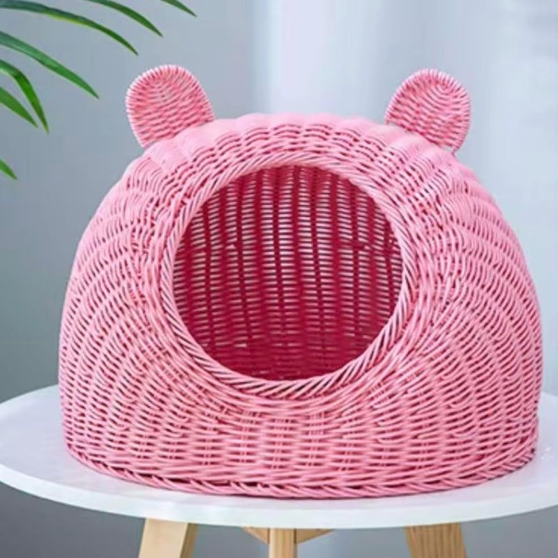 Puppytaste Woven Rattan Cat Cave Bed with Bear Ear Design - Pink, 50x40 cm