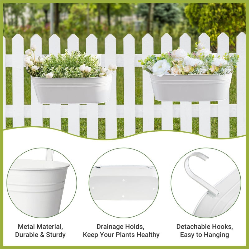 Dahey 4 Pcs Metal Iron Hanging Flower Pots for Railing Fence 15.7 Inch Hanging Bucket Pots Countryside Style Window Flower Plant Holder with Detachable Hooks for Garden Yard Home Decor, White - Image 3