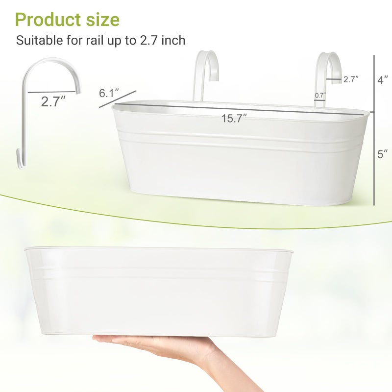 Dahey 4 Pcs Metal Iron Hanging Flower Pots for Railing Fence 15.7 Inch Hanging Bucket Pots Countryside Style Window Flower Plant Holder with Detachable Hooks for Garden Yard Home Decor, White - Image 2