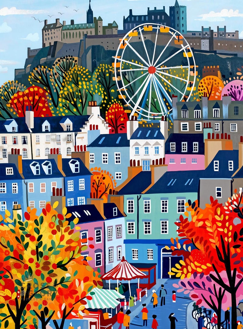 Cross & Glory â€“ Castle & Carousel â€“ 1000 Piece Jigsaw Puzzle for Adults | Colorful Edinburgh Folk Art Puzzle | Bright Scottish City Artwork | Premium Ribbon-Cut Puzzle with Satin Finish - Image 1