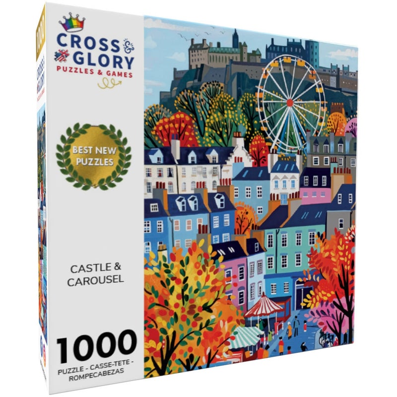 Cross & Glory â€“ Castle & Carousel â€“ 1000 Piece Jigsaw Puzzle for Adults | Colorful Edinburgh Folk Art Puzzle | Bright Scottish City Artwork | Premium Ribbon-Cut Puzzle with Satin Finish - Image 2
