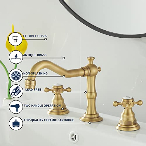 GGStudy 2 Handles 3 Holes Faucet Widespread Bathroom Sink Faucet Antique Brass Basin Tap Mixer Supply Hose Included Matching Metal Pop Up Drain - Image 5