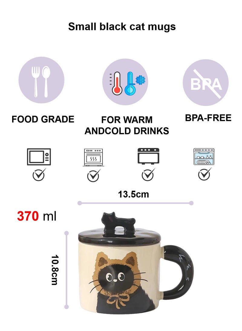 كوب سيراميك مع غطاء، قطة سوداء صغيرة لطيفة، لمشروبات القهوة والشاي الباردة، آمنة للاستخدام في الميكروويف وغسالة الأطباق، 370 مل - Image 3