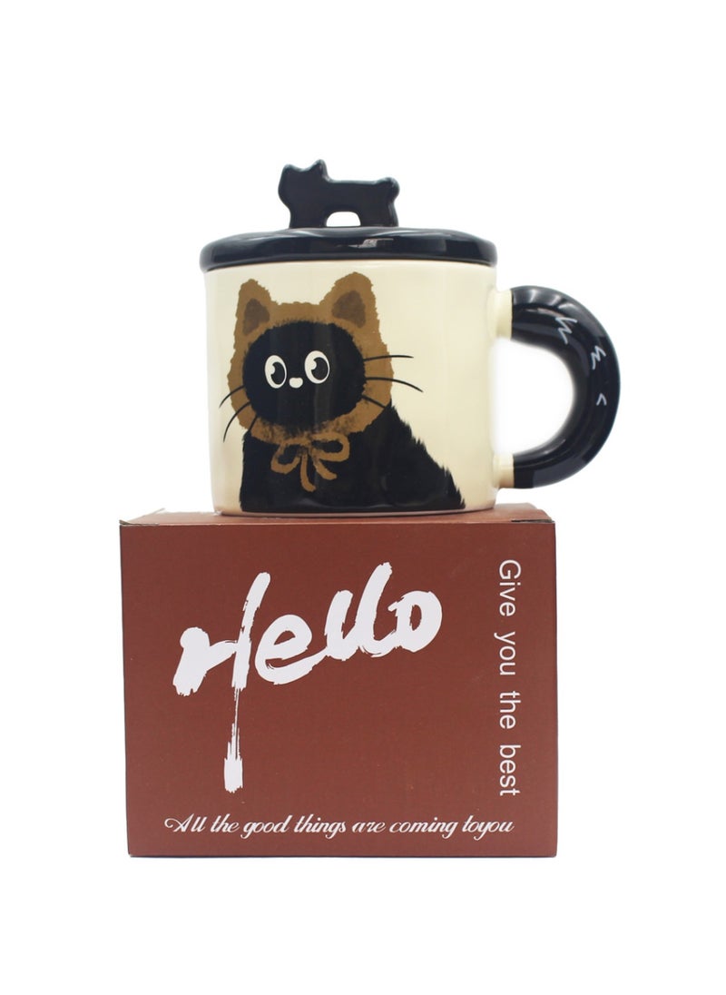 كوب سيراميك مع غطاء، قطة سوداء صغيرة لطيفة، لمشروبات القهوة والشاي الباردة، آمنة للاستخدام في الميكروويف وغسالة الأطباق، 370 مل - Image 2