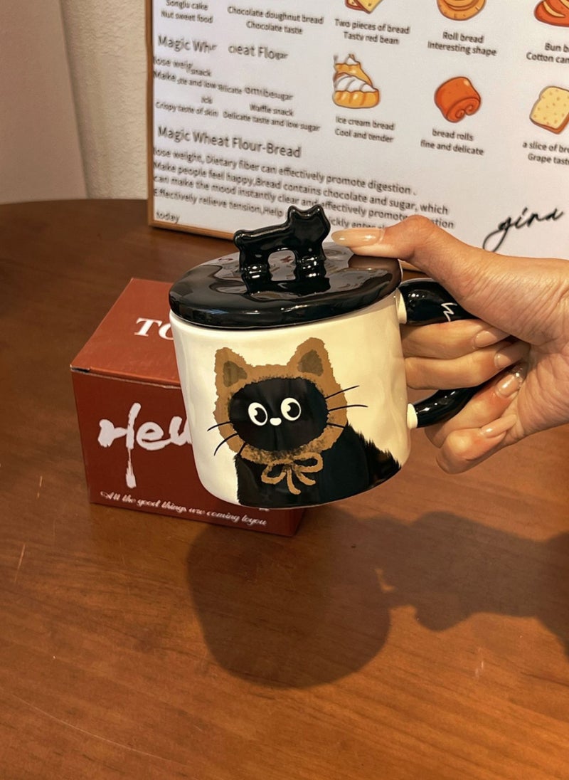 كوب سيراميك مع غطاء، قطة سوداء صغيرة لطيفة، لمشروبات القهوة والشاي الباردة، آمنة للاستخدام في الميكروويف وغسالة الأطباق، 370 مل - Image 4