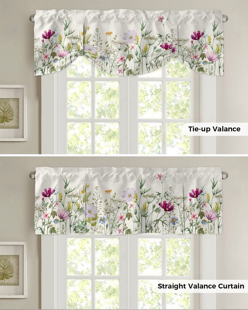 YOKOU Tie Up Curtain Valance  Flower Spring Wildflowers Vintage Farm Watercolor Floral Leaf Plant Short Rod Pocket Adjustable Window Curtains for Living Room  Bedroom  Kitchen  Bathroom  1 Panel  60"" X 18""  - Image 5