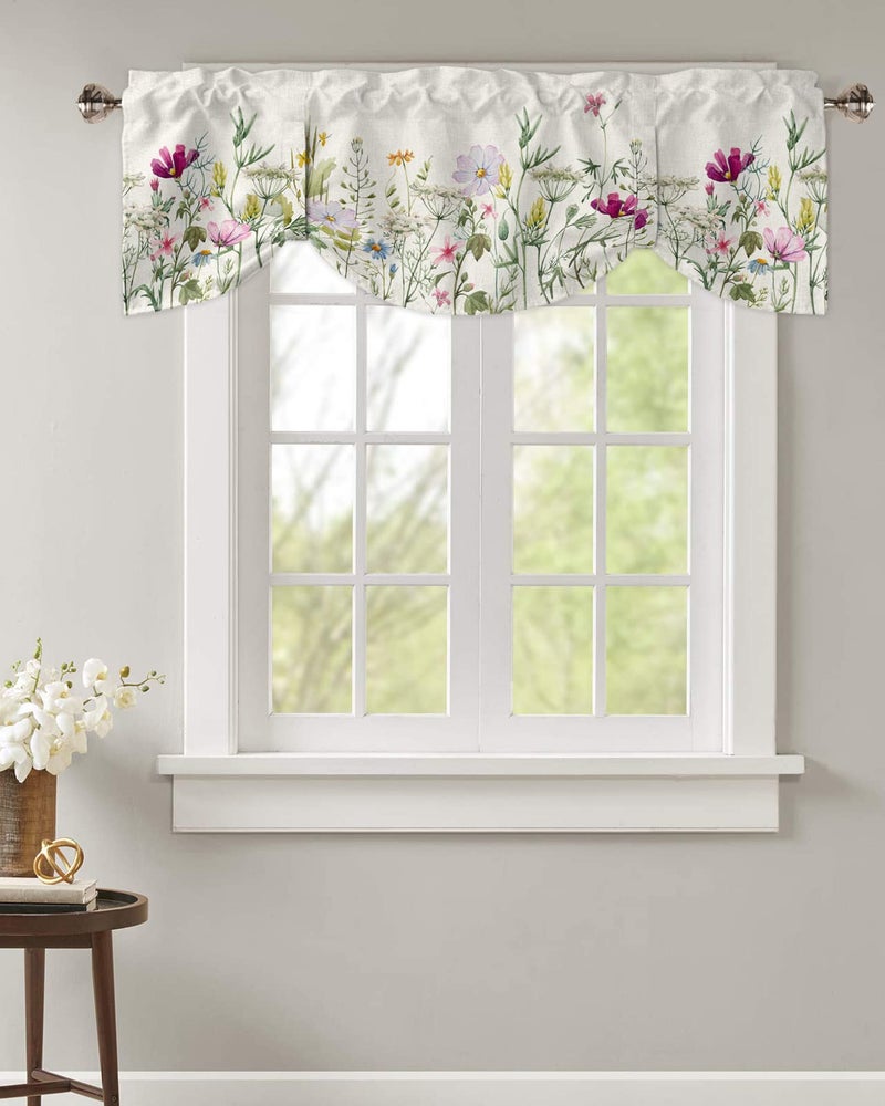 YOKOU Tie Up Curtain Valance  Flower Spring Wildflowers Vintage Farm Watercolor Floral Leaf Plant Short Rod Pocket Adjustable Window Curtains for Living Room  Bedroom  Kitchen  Bathroom  1 Panel  60"" X 18""  - Image 2