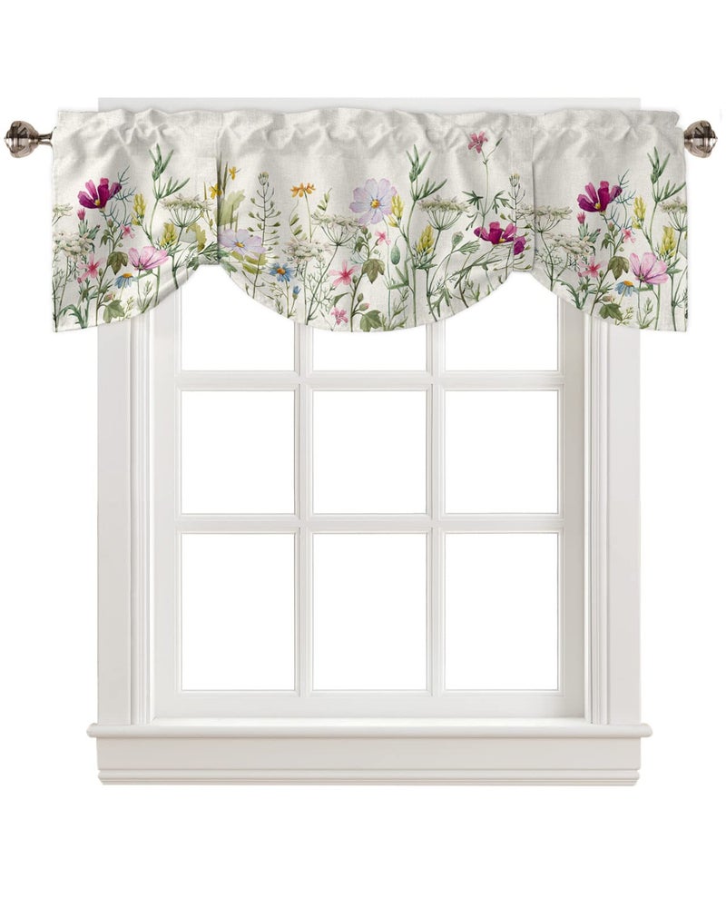 YOKOU Tie Up Curtain Valance  Flower Spring Wildflowers Vintage Farm Watercolor Floral Leaf Plant Short Rod Pocket Adjustable Window Curtains for Living Room  Bedroom  Kitchen  Bathroom  1 Panel  60"" X 18""  - Image 1