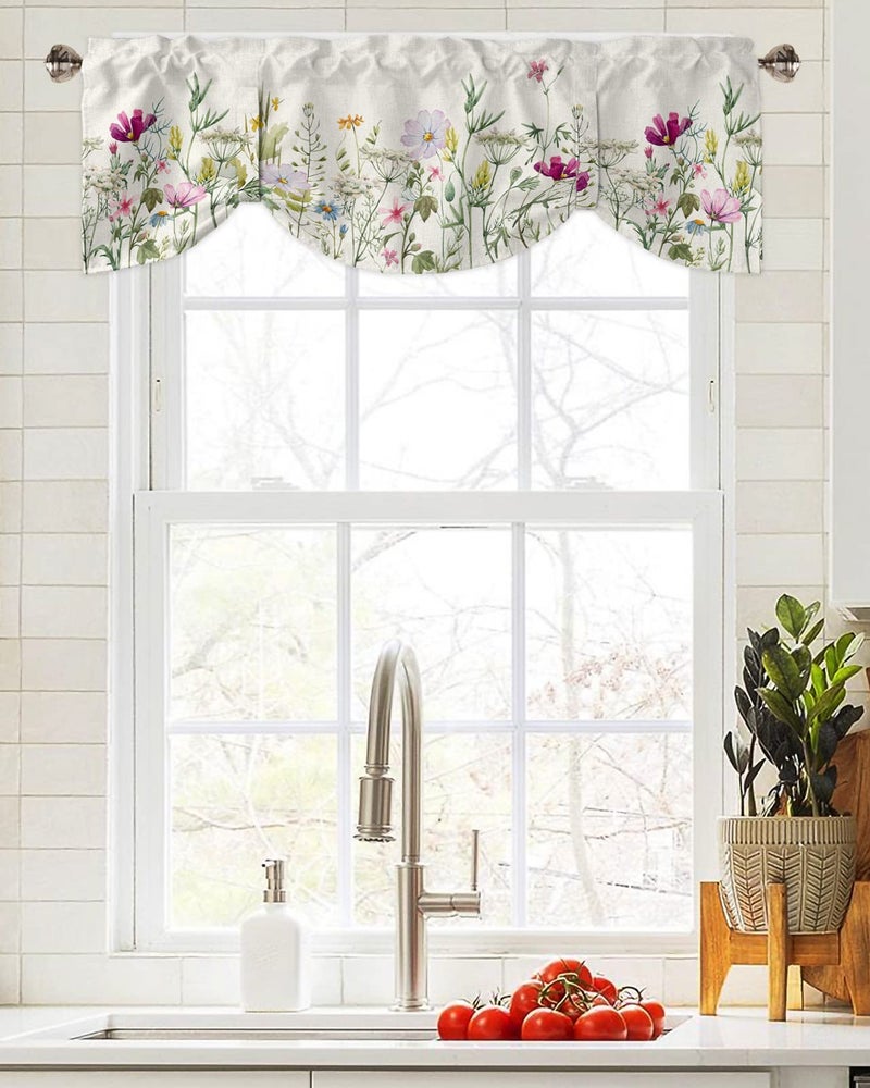 YOKOU Tie Up Curtain Valance  Flower Spring Wildflowers Vintage Farm Watercolor Floral Leaf Plant Short Rod Pocket Adjustable Window Curtains for Living Room  Bedroom  Kitchen  Bathroom  1 Panel  60"" X 18""  - Image 4