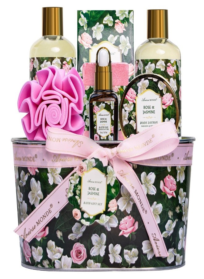 ArioseMonde Gift Basket for Women - 8 Pc Rose & Jasmine Beauty & Personal Care Set - Home Bath Pampering Package for Relaxing - Spa Self Care Kit - Thank You, Birthday, Mom, Anniversary, Christmas Gift - Image 1
