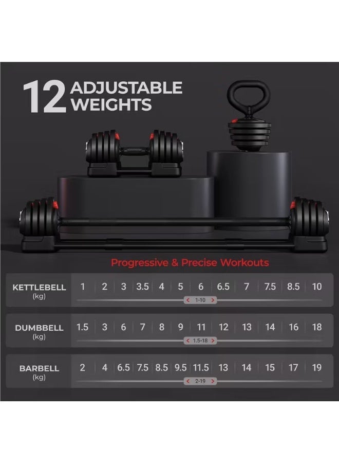 سبورت كيو مجموعة دمبل متعددة الوظائف 3 في 1 بوزن 24 كيلوجرام من سبورت كيو®️كيتل بيل- بار بيل-دمبل فردي, 12 إعداد للأوزان قابل للتعديل، عمود أوزان بار توصيل تمارين اللياقة البدن - Image 5