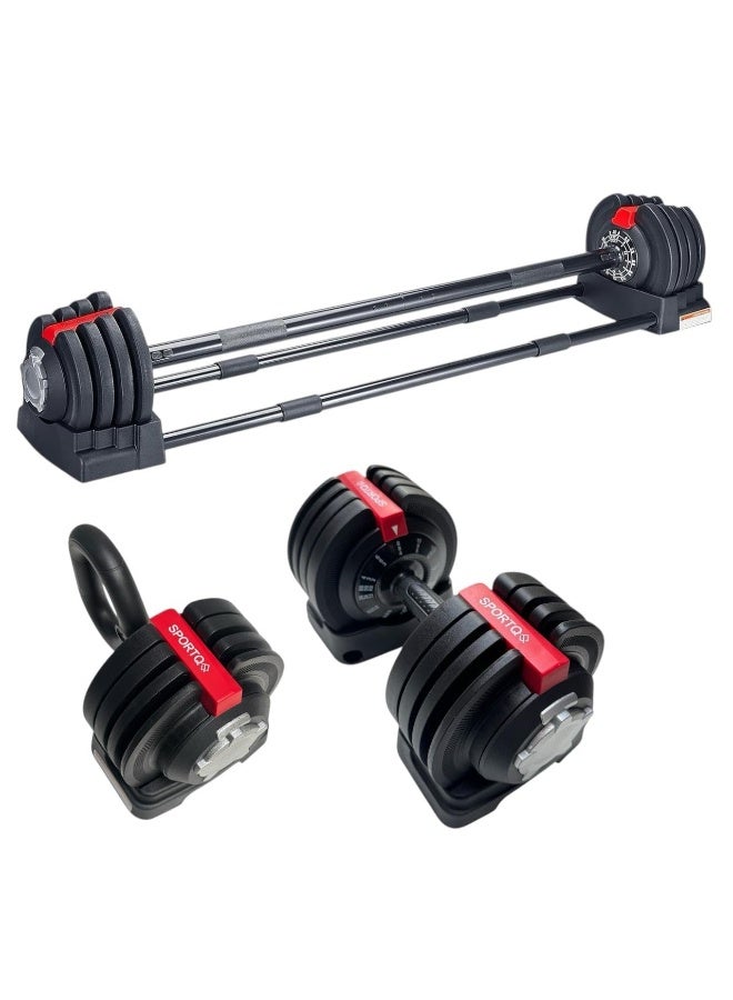 سبورت كيو مجموعة دمبل متعددة الوظائف 3 في 1 بوزن 24 كيلوجرام من سبورت كيو®️كيتل بيل- بار بيل-دمبل فردي, 12 إعداد للأوزان قابل للتعديل، عمود أوزان بار توصيل تمارين اللياقة البدن - Image 1