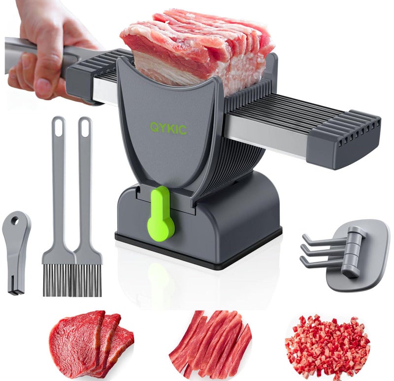 QYKIC Fresh Meat Slicer Thickness Adjustable Stainless Steel Kitchen Cleaver Knife Set With Block Manual Fresh Meat Cutter Jerky Slicer For Beef Pork Cooking BBQ Hot Pot Gray Gray - Image 2