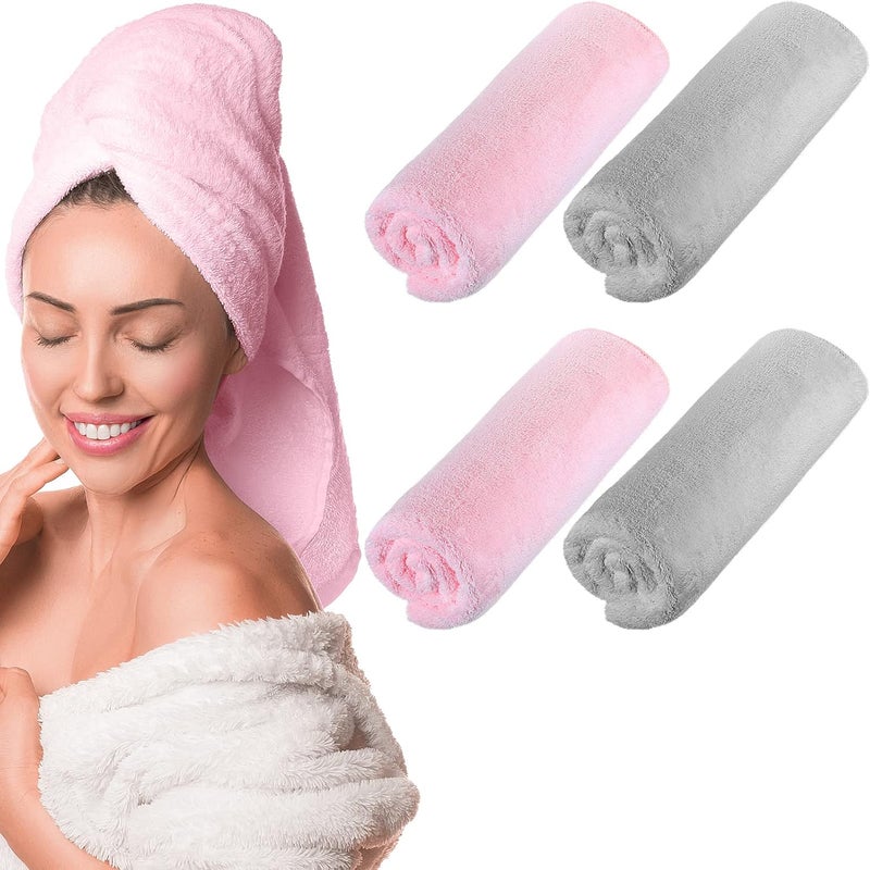 Tatuo 4 Pcs 20 x 40 Large Microfiber Hair Towel for Long Hair Quick Dry Towel Absorbent Turbans Anti Frizz Drying Turbans Wrap for Curly Long Short Women Pink and Gray