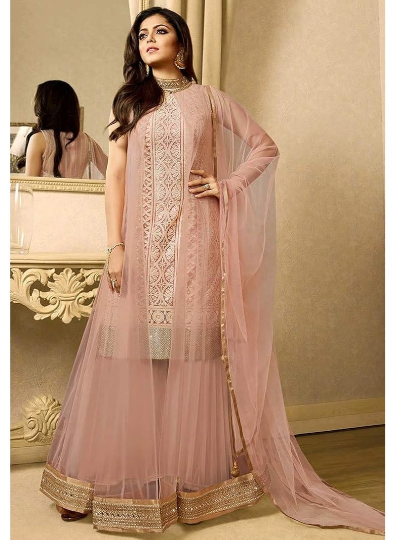 Women's Semi-Stitched Indo-Western Rose Gold Pink Net Shrug Kurta with Pleated Lehenga Skirt and Dupatta Set- ethnic - Image 2