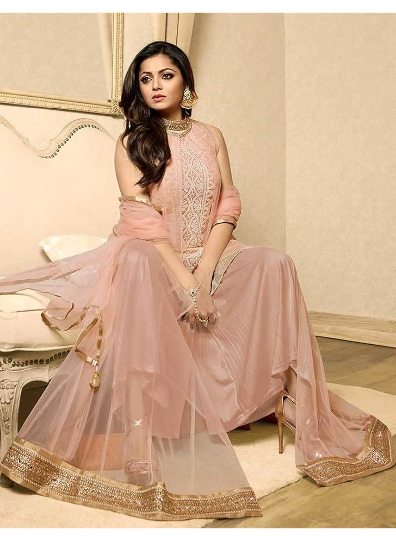 Women's Semi-Stitched Indo-Western Rose Gold Pink Net Shrug Kurta with Pleated Lehenga Skirt and Dupatta Set- ethnic - Image 3