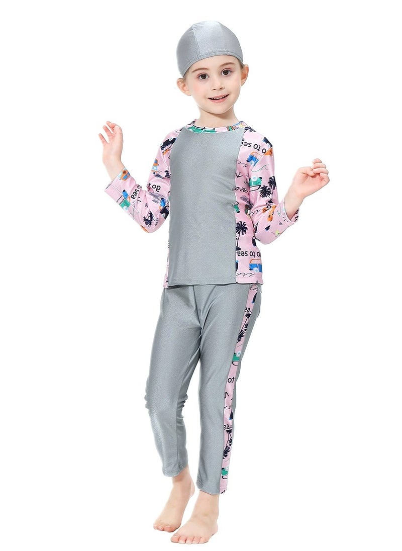 Loquat - 3-Piece Girls Fast Dry Round Neck Flower Split Swimsuit Swimwear With Cap Set Islamic Swimwear Burkinis Muslim Conservative  Grey - Image 1
