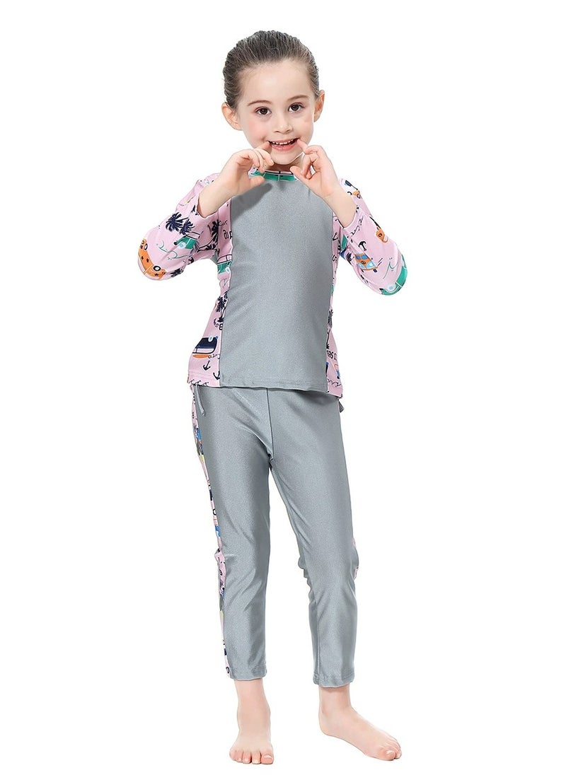 Loquat - 3-Piece Girls Fast Dry Round Neck Flower Split Swimsuit Swimwear With Cap Set Islamic Swimwear Burkinis Muslim Conservative  Grey - Image 1