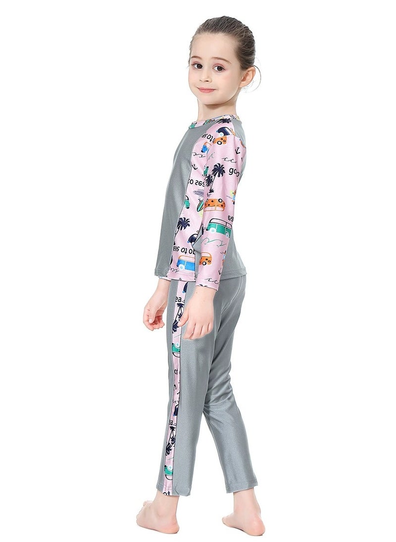 Loquat - 3-Piece Girls Fast Dry Round Neck Flower Split Swimsuit Swimwear With Cap Set Islamic Swimwear Burkinis Muslim Conservative  Grey - Image 1
