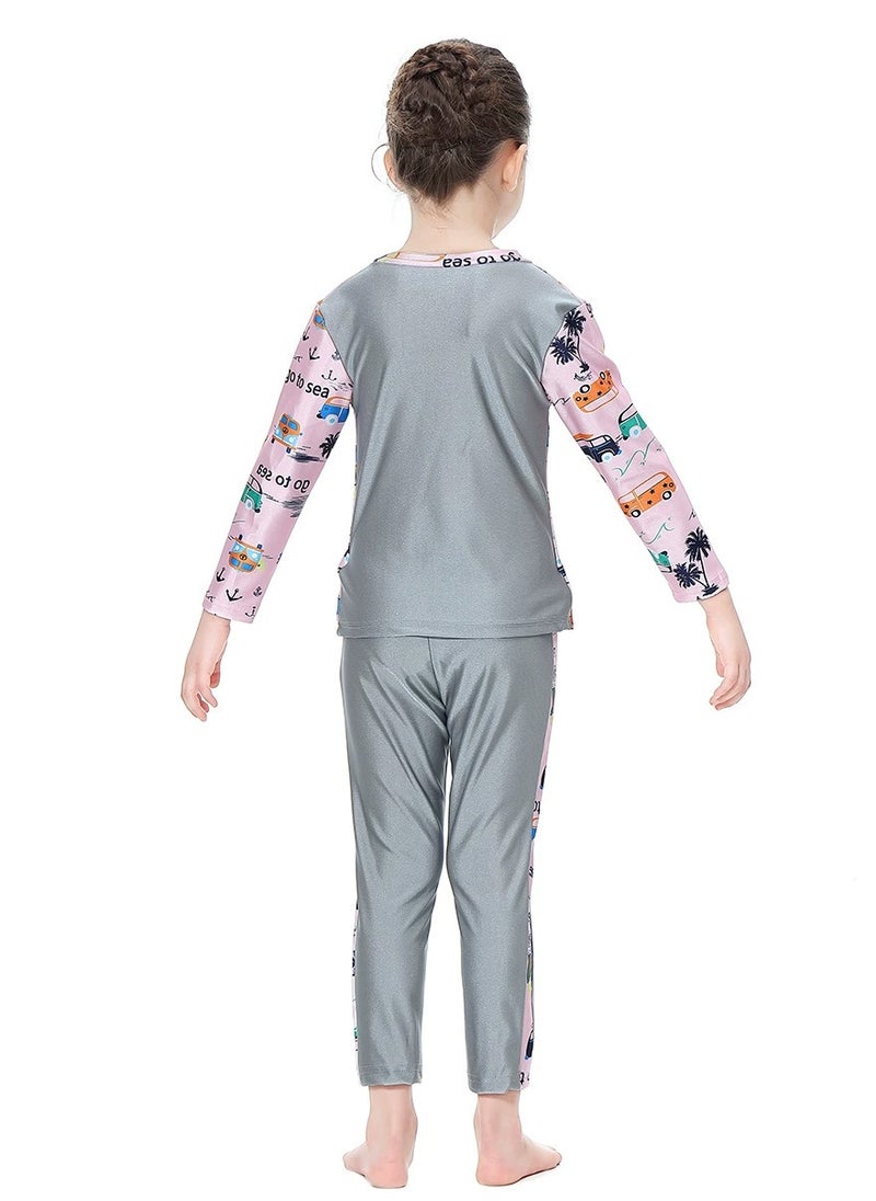 Loquat - 3-Piece Girls Fast Dry Round Neck Flower Split Swimsuit Swimwear With Cap Set Islamic Swimwear Burkinis Muslim Conservative  Grey - Image 1