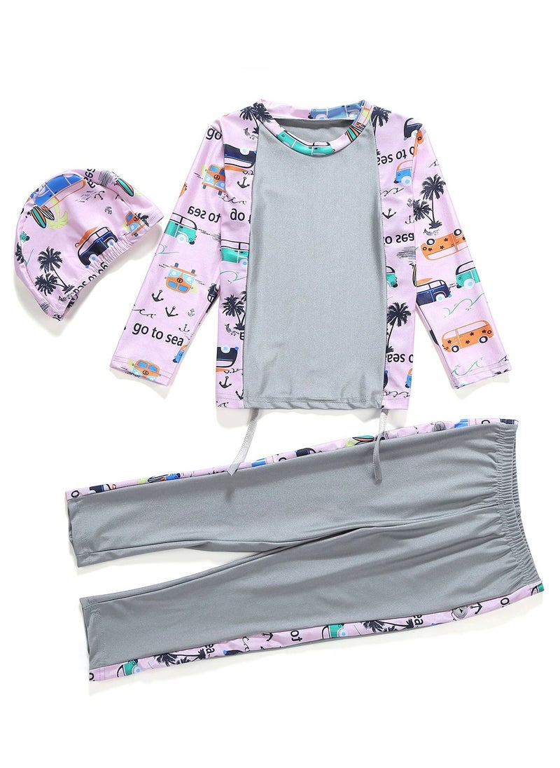 Loquat - 3-Piece Girls Fast Dry Round Neck Flower Split Swimsuit Swimwear With Cap Set Islamic Swimwear Burkinis Muslim Conservative  Grey - Image 1