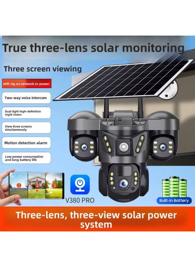 المهوس الفضاء كاميرا مراقبة شمسية بثلاث عدسات – رؤية ثلاثية الزوايا مع اتصال WiFi/4G، صوت ثنائي الاتجاه، رؤية ليلية، كشف حركة وبطارية مدمجة (V380 Pro)
