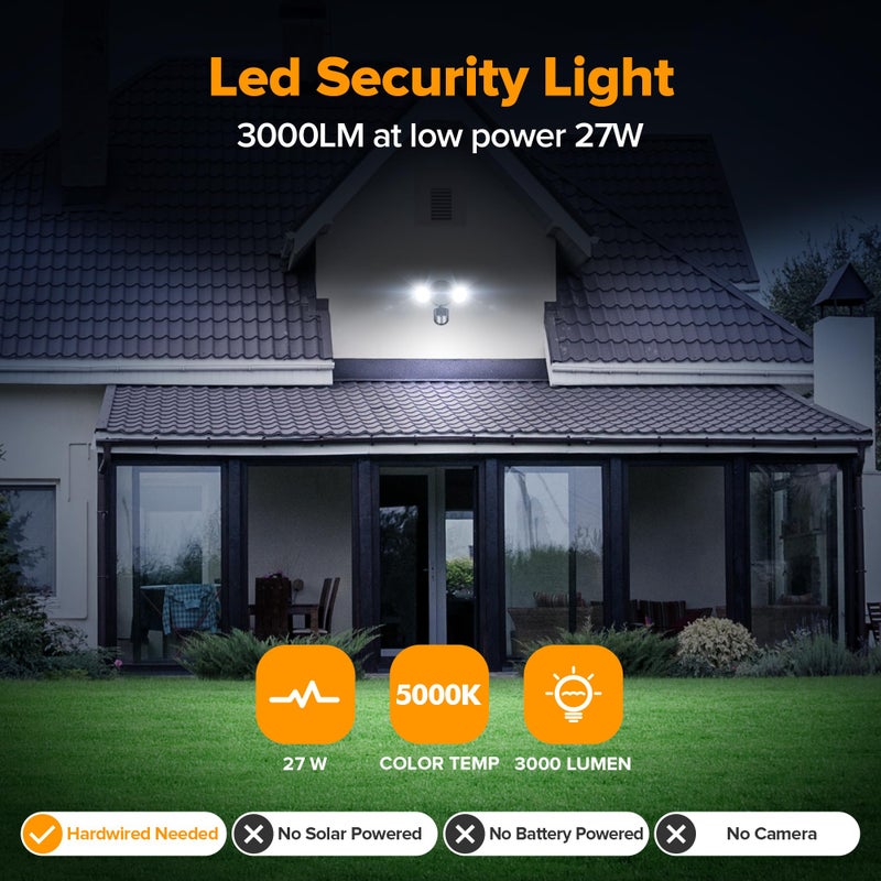 UME LED Security Light Motion Sensor Outdoor Lights, 27W 3000LM, 5000K, IP65 Waterproof, Dusk to Dawn, 2 Head Motion Detector Flood Light for Outside, Garage, Yard (Black) - Image 2