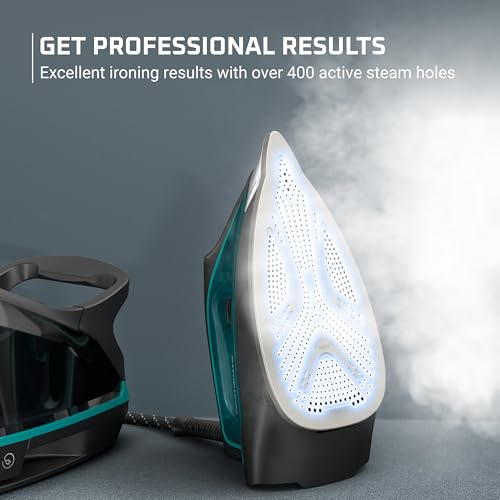 Rowenta Iron for Clothes, High Pressure Steamer Iron with Boiler System, 400 Steam Holes, Vertical Steaming, 37oz Tank, Stainless Steel Soleplate, Auto-Off 1800 watts, Black Green, DG7626 - Image 3