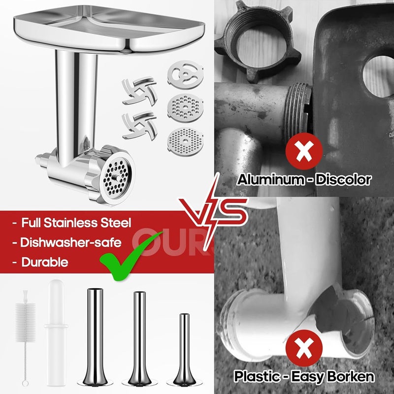 GVODE Stainless Steel Meat Grinder Attachment for KitchenAid Stand Mixer, Meat Grinder for KitchenAid Includes 4 Grinding Plates & 3 Sausage Tubes, Dishwasher-Safe Design with Sausage Stuffer Kit - Image 2
