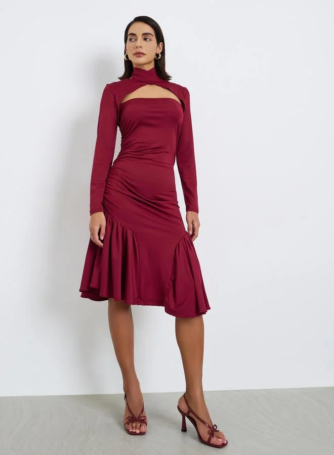 Styli Black Cut-Out Yoke Knee Length Dress