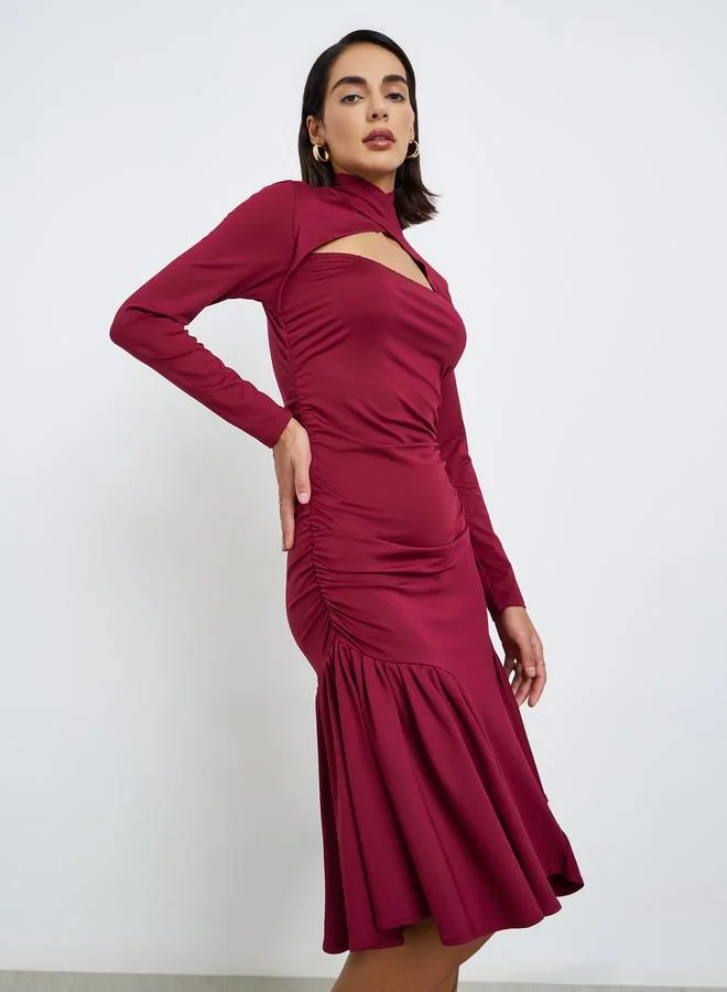 Styli Black Cut-Out Yoke Knee Length Dress