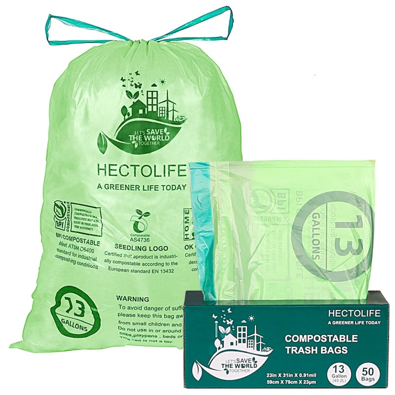 HECTOLIFE 13 Gallon,50 Count, Compostable Trash Bags with Drawstring,Tear Resistant Kitchen Food Scrap Waste Bag, ASTM D6400, US BPI and Europe OK Compost Home Certified - Image 1
