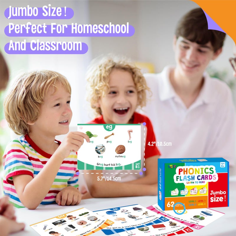 SpriteGru Phonics Flashcards, 120 Phonics 62 Double-Sided Cards - 20 Phonic Group Sets CVC, Digraph, Trigraph Blends Long Vowel Sounds, Early Educational Tool for Kids Ages 4-8 Years Old (4 Plastic Rings) - Image 4