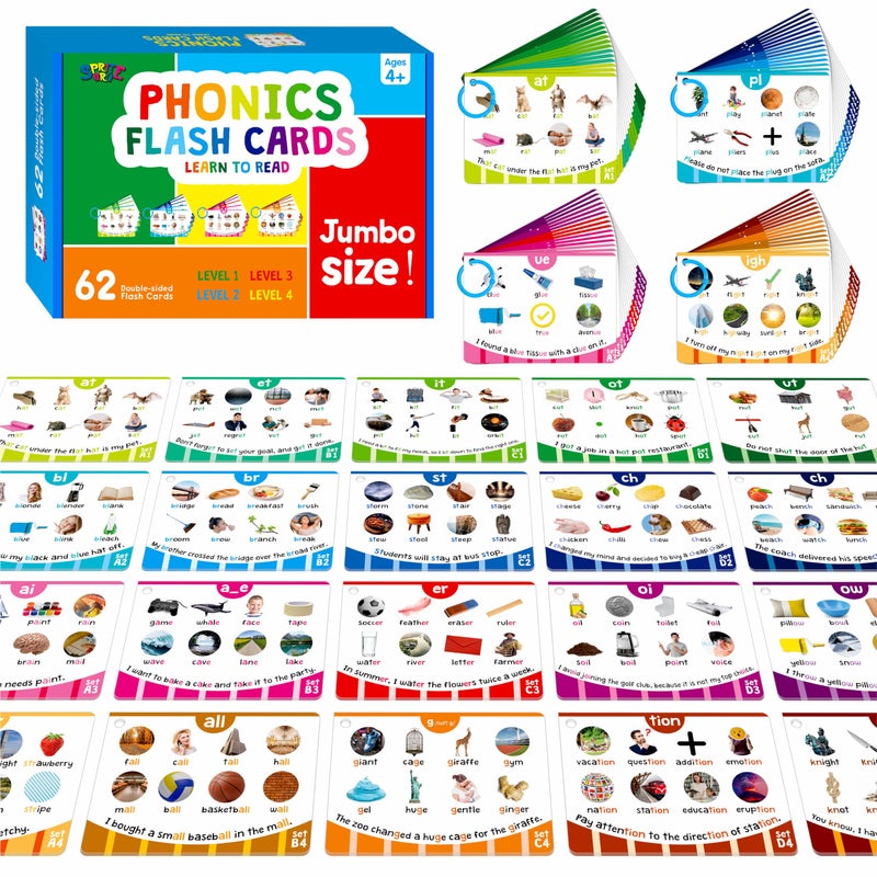 SpriteGru Phonics Flashcards, 120 Phonics 62 Double-Sided Cards - 20 Phonic Group Sets CVC, Digraph, Trigraph Blends Long Vowel Sounds, Early Educational Tool for Kids Ages 4-8 Years Old (4 Plastic Rings) - Image 1