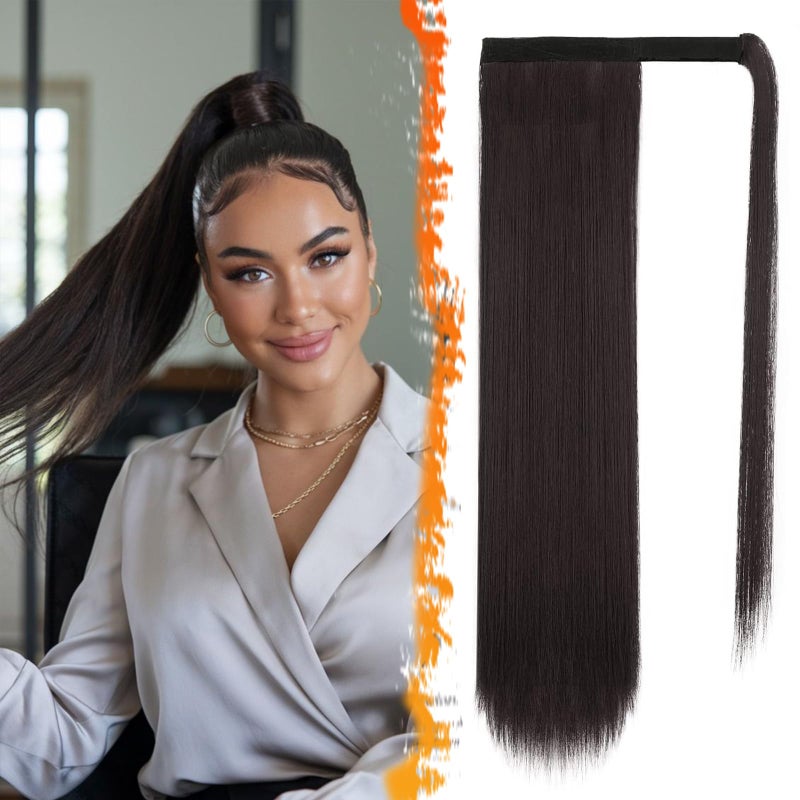 BARSDAR Darkest Brown Straight Wrap Ponytail Extension  24 Inch Long Straight Wrap Around Ponytail for Black Women Synthetic Clip in Ponytails Hair Extensions Brown Pony Tails Hairpieces
