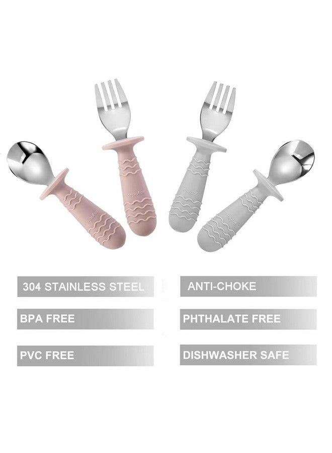 PandaEar مجموعة باندا إير 4 أدوات طعام للأطفال من السيليكون والفولاذ المقاوم للصدأ، ملعقة وشوكة للأطفال، خالية من BPA مع تصميم مضاد للاختناق (وردي ورمادي) - Image 3