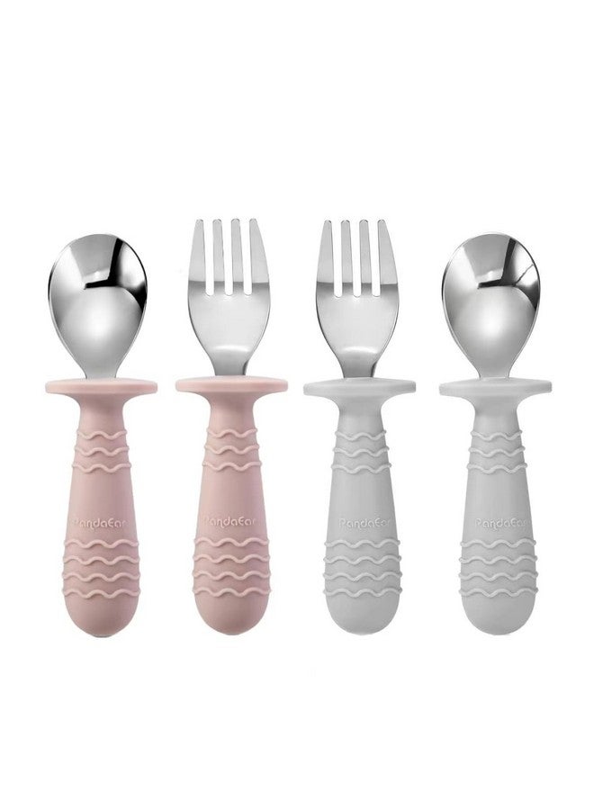 PandaEar مجموعة باندا إير 4 أدوات طعام للأطفال من السيليكون والفولاذ المقاوم للصدأ، ملعقة وشوكة للأطفال، خالية من BPA مع تصميم مضاد للاختناق (وردي ورمادي) - Image 1