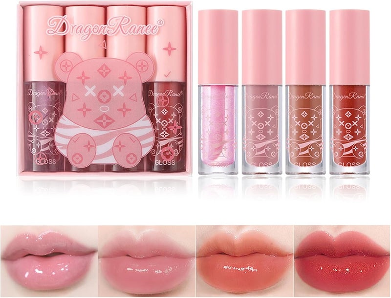 4Packs Lip Oil and Lip Gloss Set Lip Oil Hydrating Nonsticky Lip Glow Oil Tinted Clear Lip Plumper Moisturizing Lipgloss Set Gift For Women and Teenage Girl Nude Pink One Size