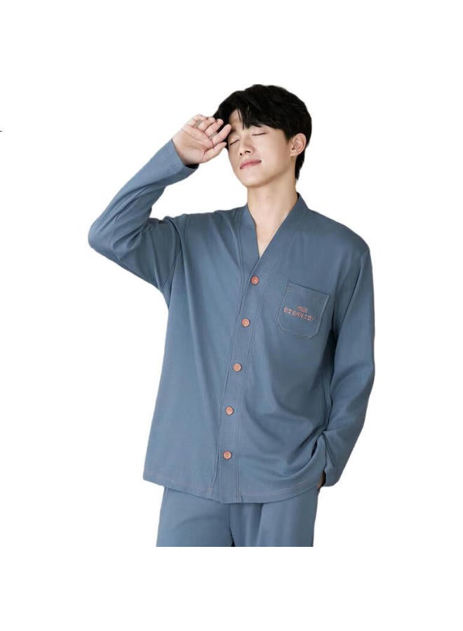 Fenton Men'S Cotton V-Neck Cardigan Solid Color Long Sleeve Home Wear Set - Image 2