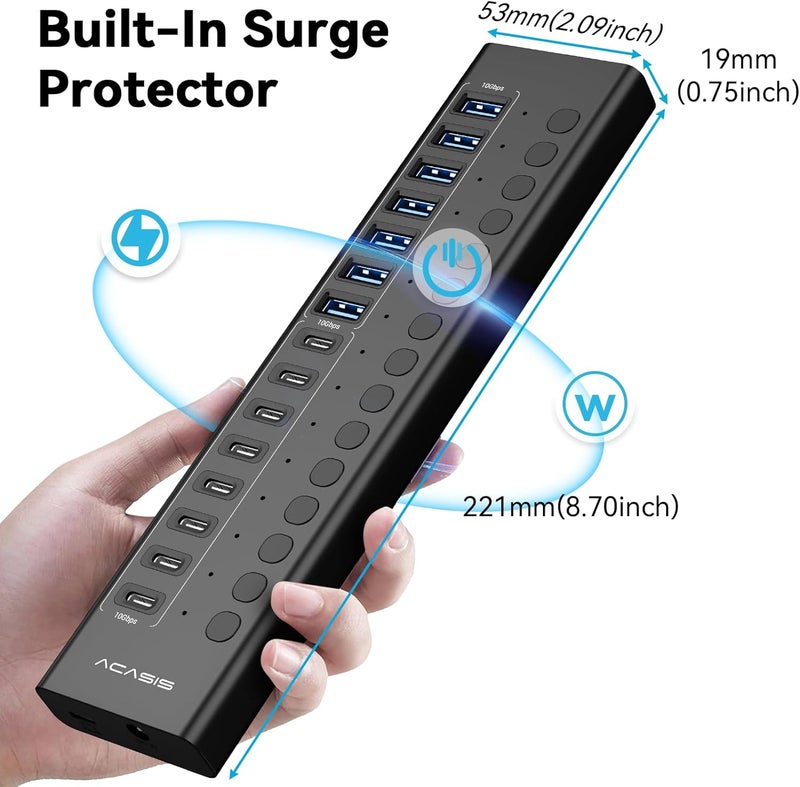 أكاسيس محور USB 3.2 مزود بالطاقة، 16 منفذ USB 3.2 (8 منافذ USB-A 3.2 + 8 منافذ USB-C 3.2)، محور USB من الألومنيوم مزود بمحول طاقة 96 واط، محور USB لأجهزة الكمبيوتر/الكمبيوتر المحمول، الكمبيوتر، محرك الفلاش، الطابعة، الكاميرا - Image 4