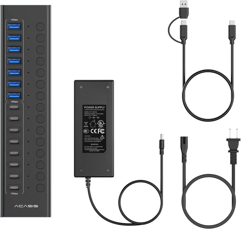 أكاسيس محور USB 3.2 مزود بالطاقة، 16 منفذ USB 3.2 (8 منافذ USB-A 3.2 + 8 منافذ USB-C 3.2)، محور USB من الألومنيوم مزود بمحول طاقة 96 واط، محور USB لأجهزة الكمبيوتر/الكمبيوتر المحمول، الكمبيوتر، محرك الفلاش، الطابعة، الكاميرا - Image 3