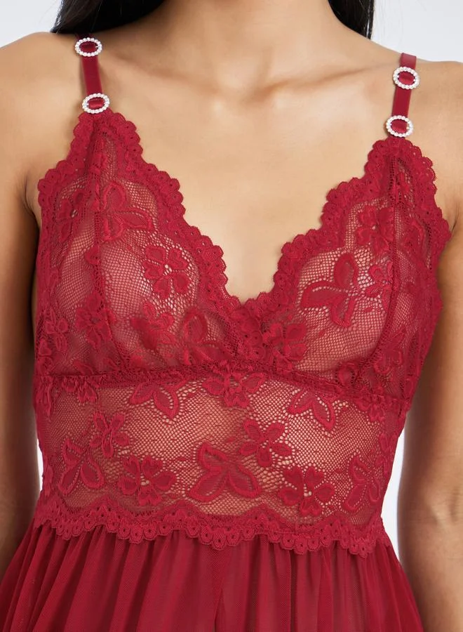 Styli Red Floral Mesh Babydoll with Metal Trim and Full Brief